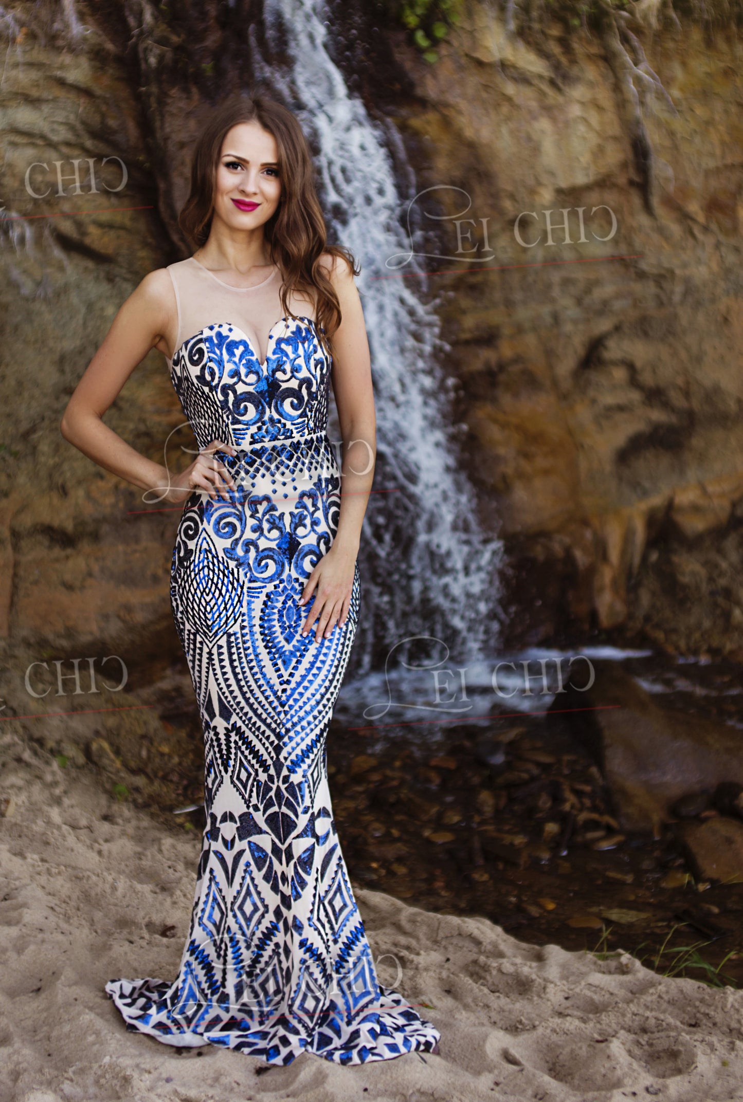 abito sirena blu navy paillettes