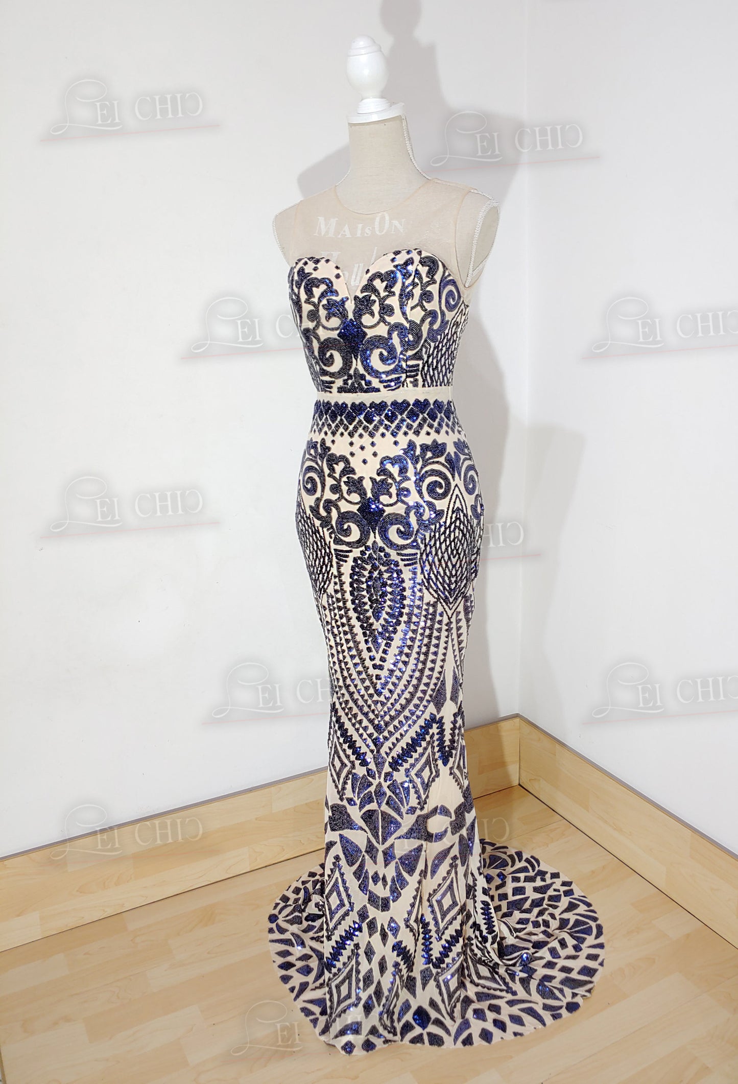 abito sirena blu navy paillettes