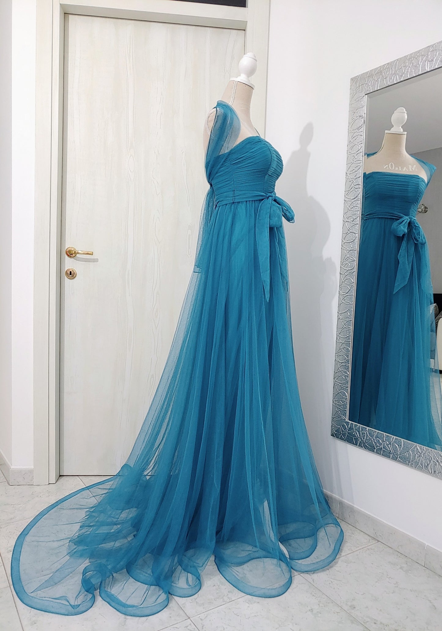 abito stile impero turchese in tulle