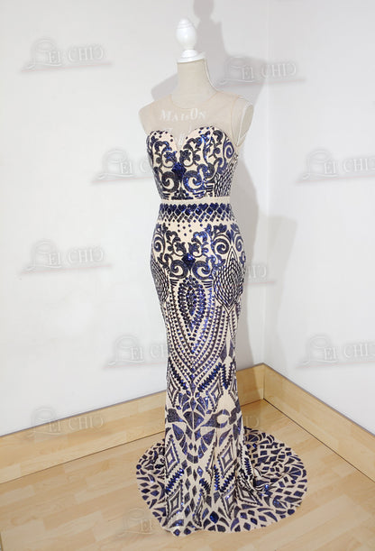 abito sirena blu navy paillettes 
